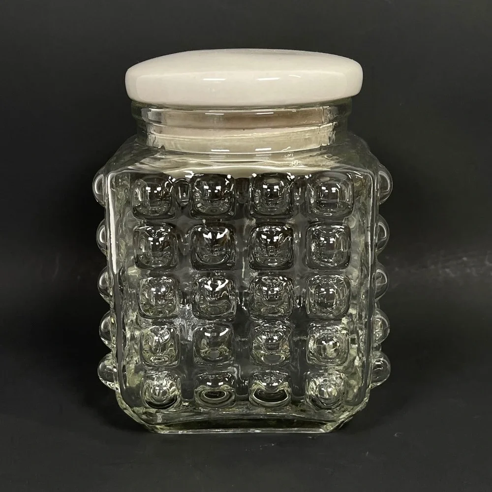 Vintage Hobnail Glass Apothecary Canister Jar Clear Square Ceramic Lid MCM Retro
